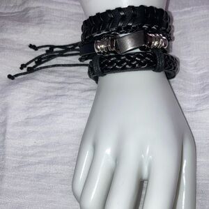 New 3 Bracelets Faux Leather Adjustable Knot Braided Black Silvertone Women Men